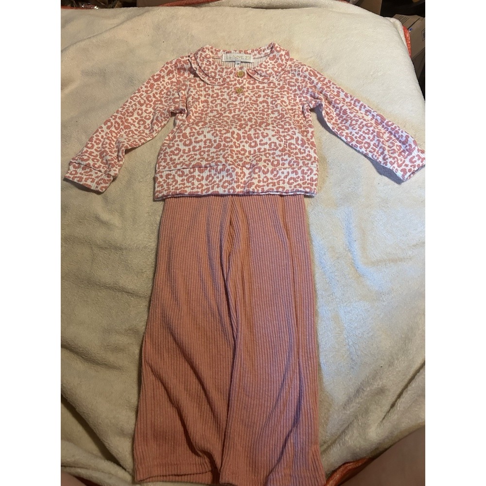 RZ Rachel Zoe Girls 3T Pink Leopard Print Ribbed Top & Flare Pants Outfit Set‎